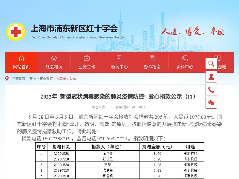 2022年“新型冠状病毒感染的肺炎疫情防控” 爱心捐款公示（11）- 上海浦东新区红十字会官方网站